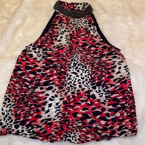 Alfani Red Leopard Print Beaded Neckline Sleeveless Dressy Top